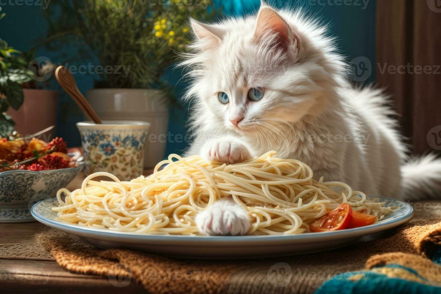 AI generated A cute White kitten sits at a table with a plate of spaghetti, in a cozy Generative by AI photo