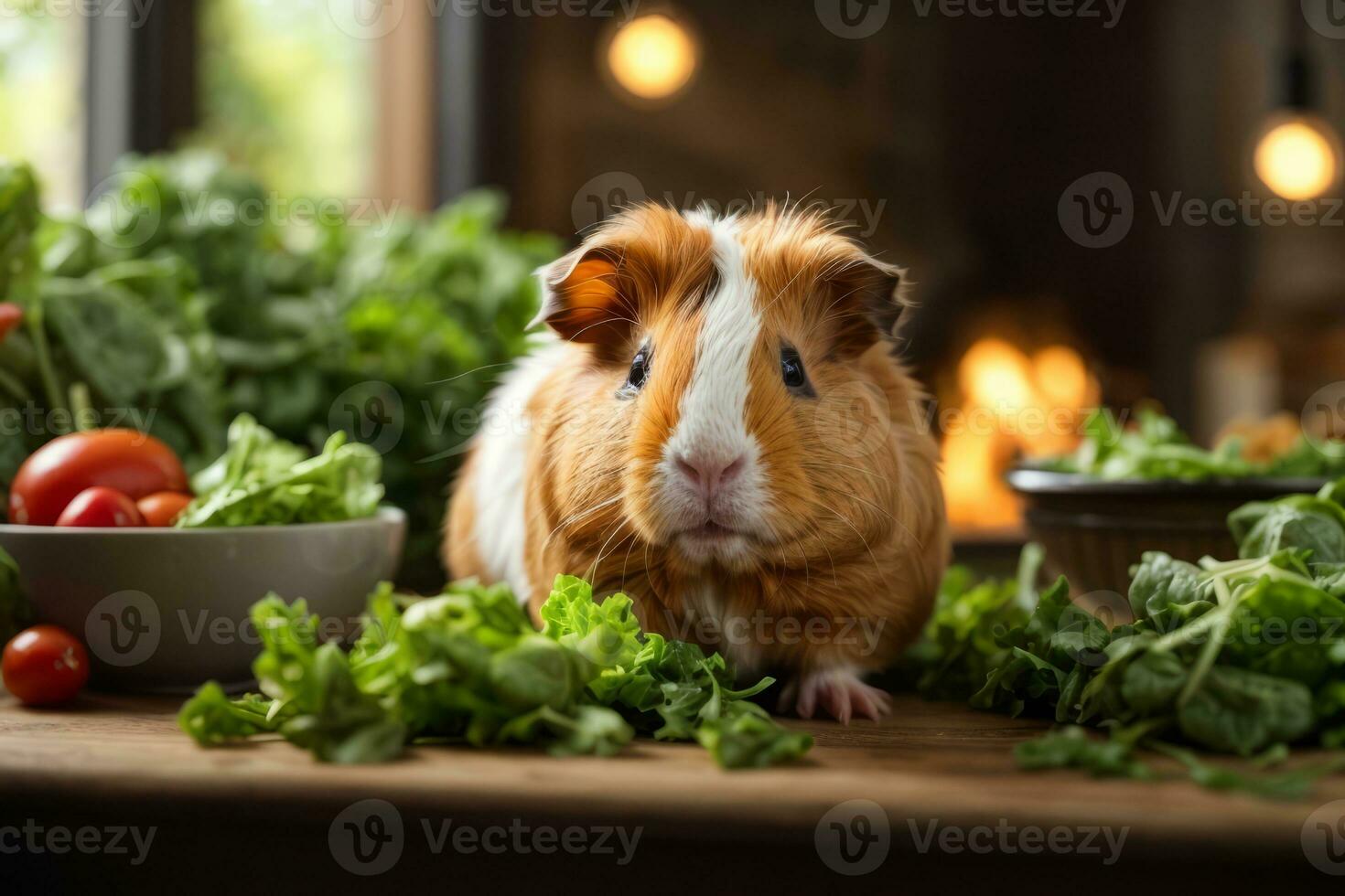 AI generated Guinea pig amidst fresh vegetables on a wooden table with soft lighting Generative by AI photo