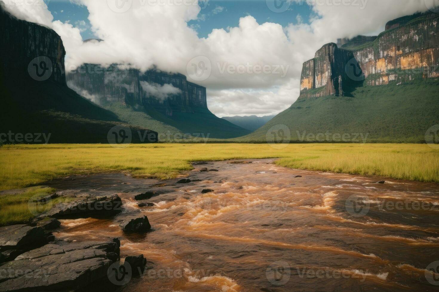 AI generated Majestic waterfalls cascading surrounded by lush cliffs and greenery Generative by AI photo