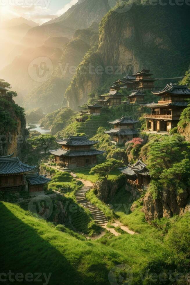 AI generated Majestic sunrise over terraced rice fields nestled among lush green hills Generated by AI photo