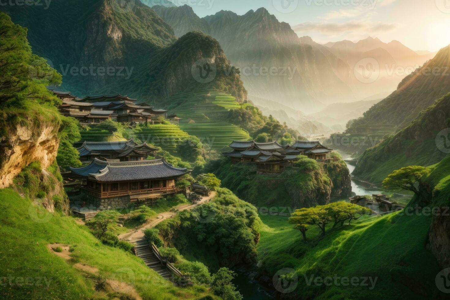 AI generated Majestic sunrise over terraced rice fields nestled among lush green hills Generated by AI photo