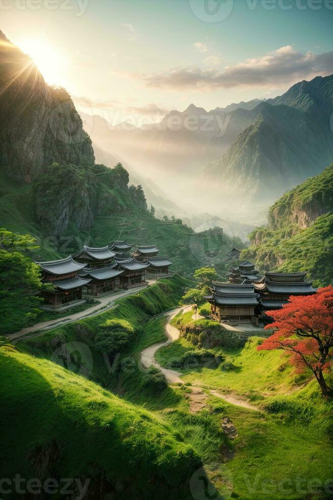 AI generated Majestic sunrise over terraced rice fields nestled among lush green hills Generated by AI photo