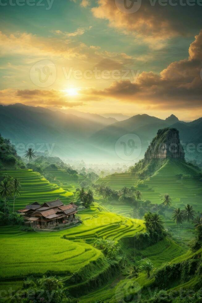 AI generated Majestic sunrise over terraced rice fields nestled among lush green hills Generated by AI photo