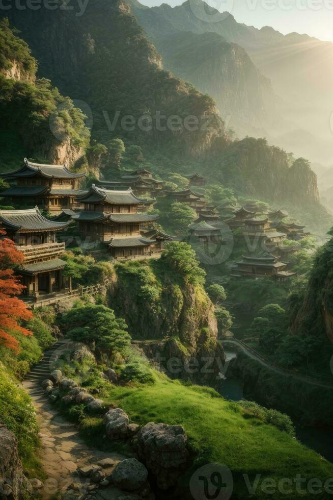 AI generated Majestic sunrise over terraced rice fields nestled among lush green hills Generated by AI photo