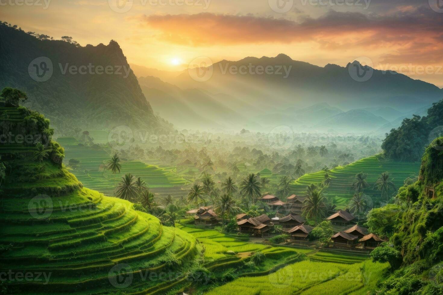 AI generated Majestic sunrise over terraced rice fields nestled among lush green hills Generated by AI photo