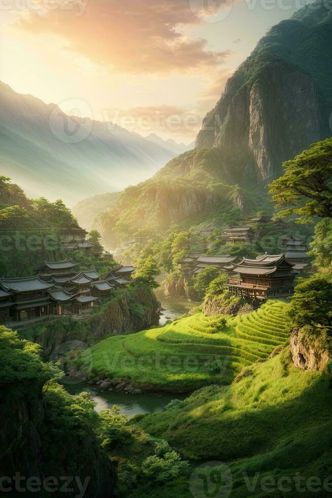 AI generated Majestic sunrise over terraced rice fields nestled among lush green hills Generated by AI photo