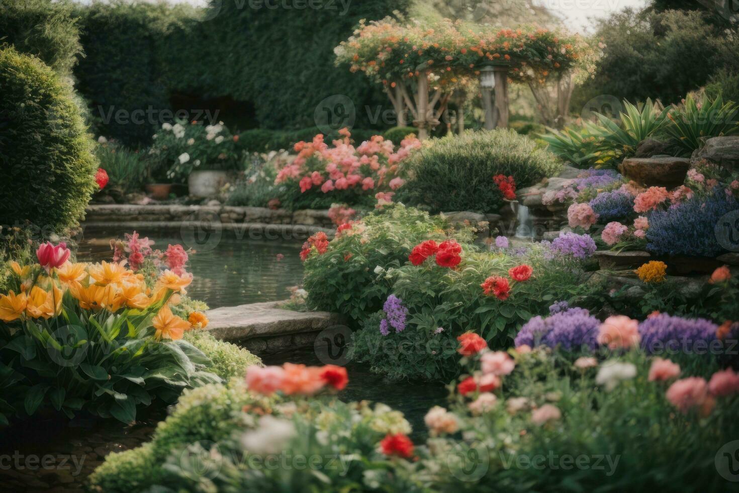 ai generado tranquilo jardín escena con un variedad de vistoso flores en floración generativo por ai foto