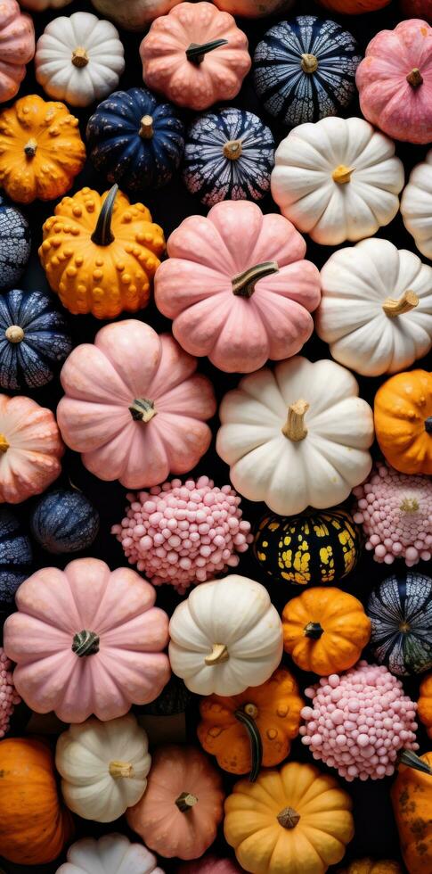 AI generated a group of colored pumpkins are sitting near each other photo
