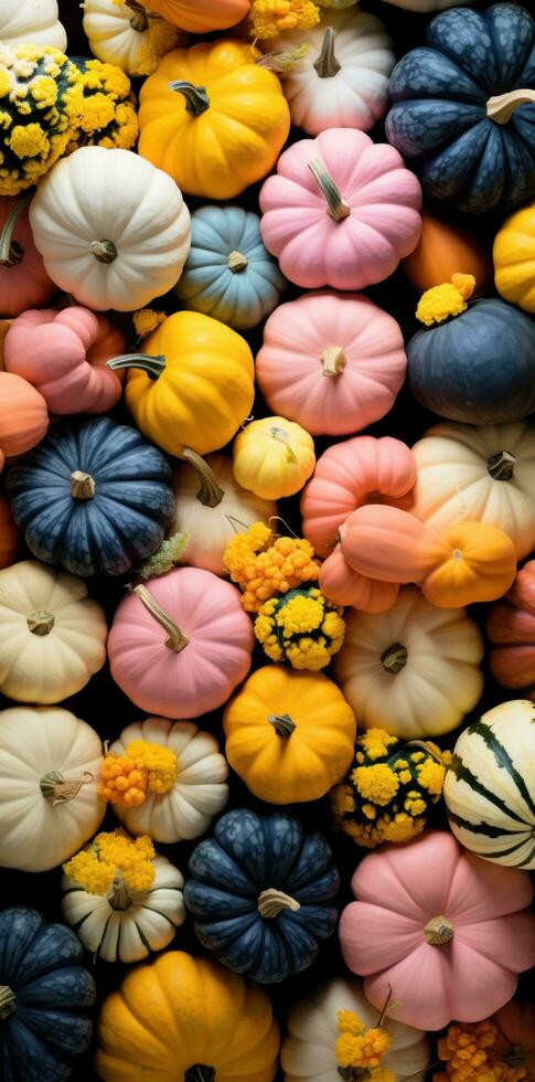 AI generated a group of colored pumpkins are sitting near each other photo