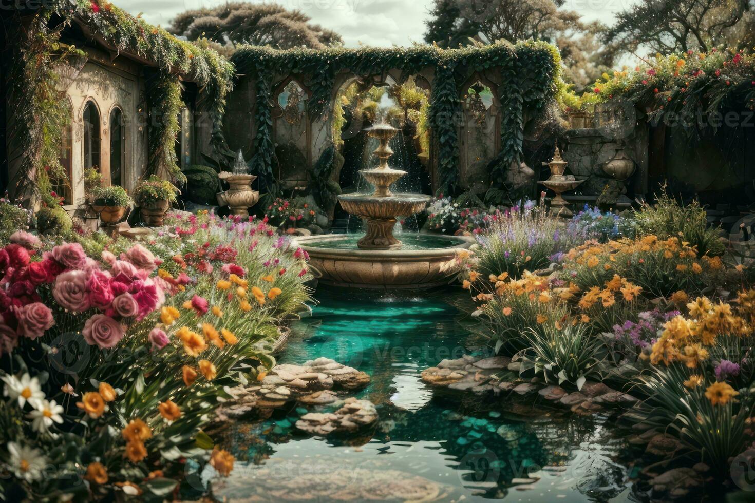 AI generated Tranquil garden scene with a variety of colorful flowers in bloom Generative by AI photo