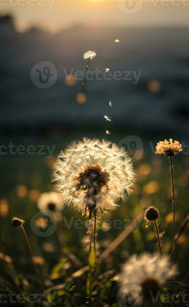 ai generado diente de león semilla cabeza retroiluminado por el ajuste sol, con un calentar dorado hora resplandor generativo por ai foto