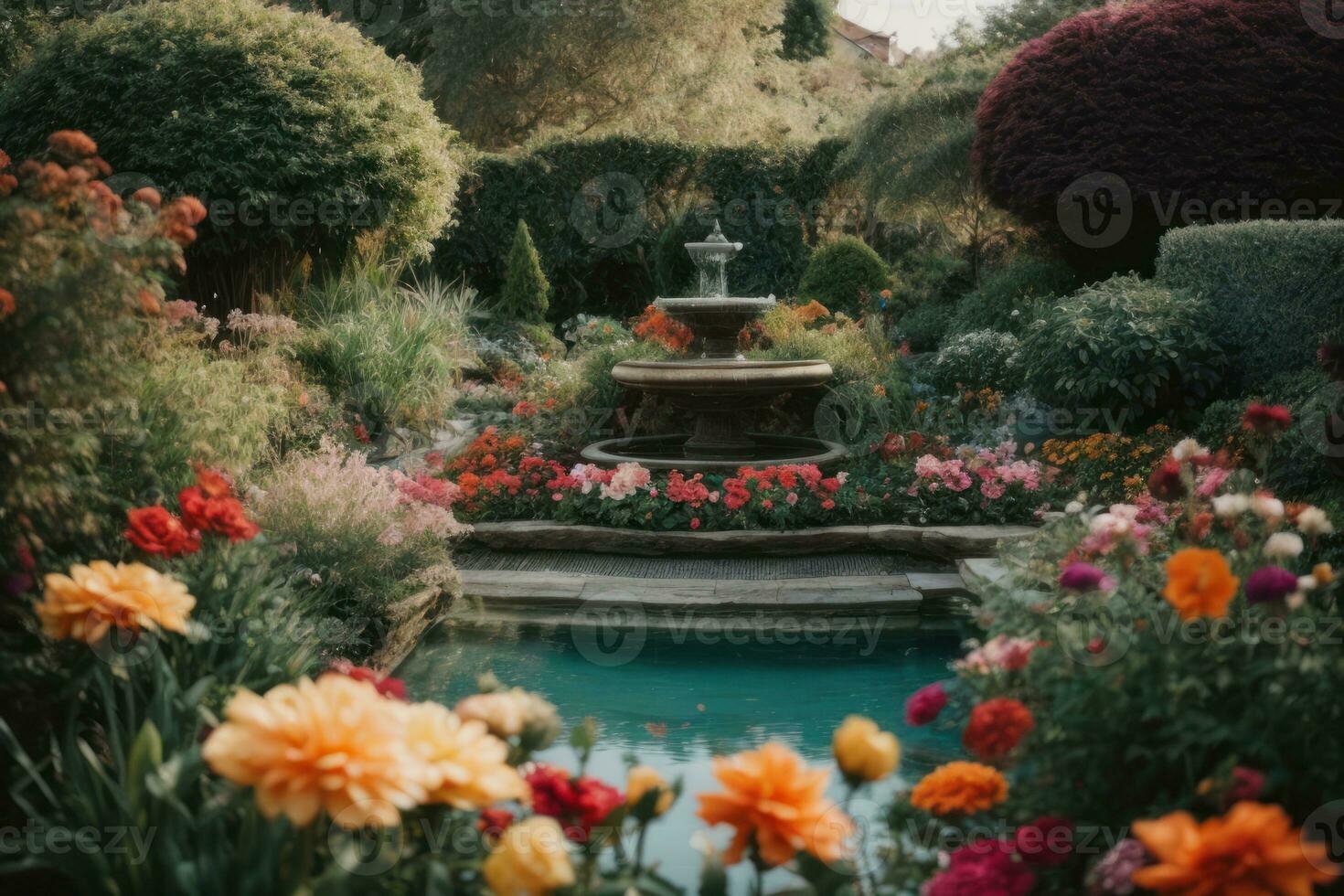 AI generated Tranquil garden scene with a variety of colorful flowers in bloom Generative by AI photo