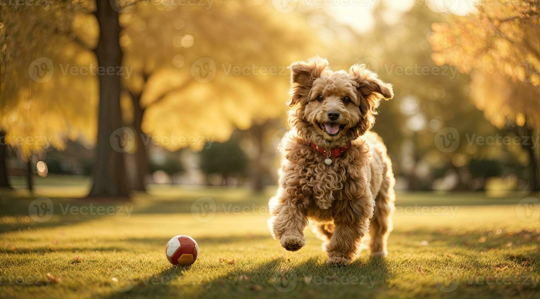 ai generado alegre perro corriendo hacia el cámara en un soleado parque con un pelota acostado generativo por ai foto