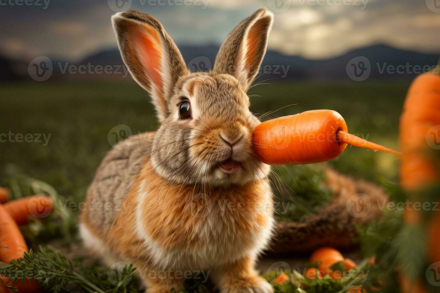 AI generated A cute rabbit surrounded by fresh carrots on a rustic wooden surface Generative by AI photo