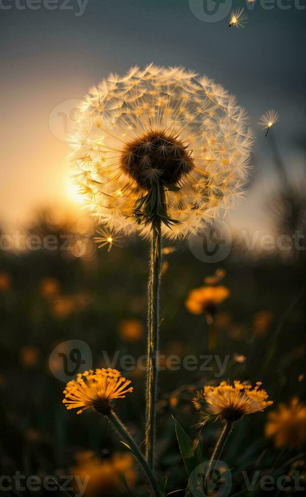AI generated Dandelion seed head backlit by the setting sun, with a warm golden hour glow Generative by AI photo