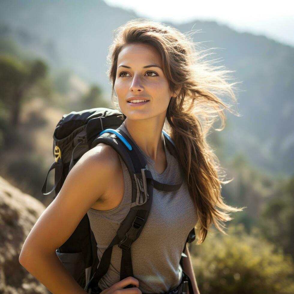 ai generado un ajuste mujer excursionismo arriba un montaña camino, con un Mira de determinación foto