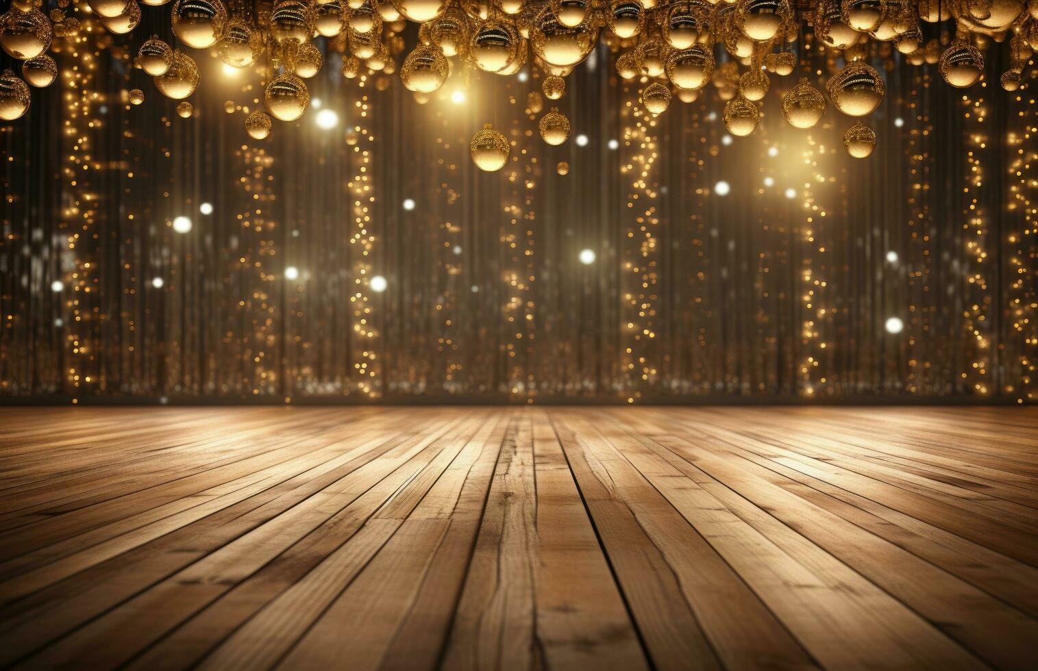 AI generated an empty dance floor with sparkling gold balls photo