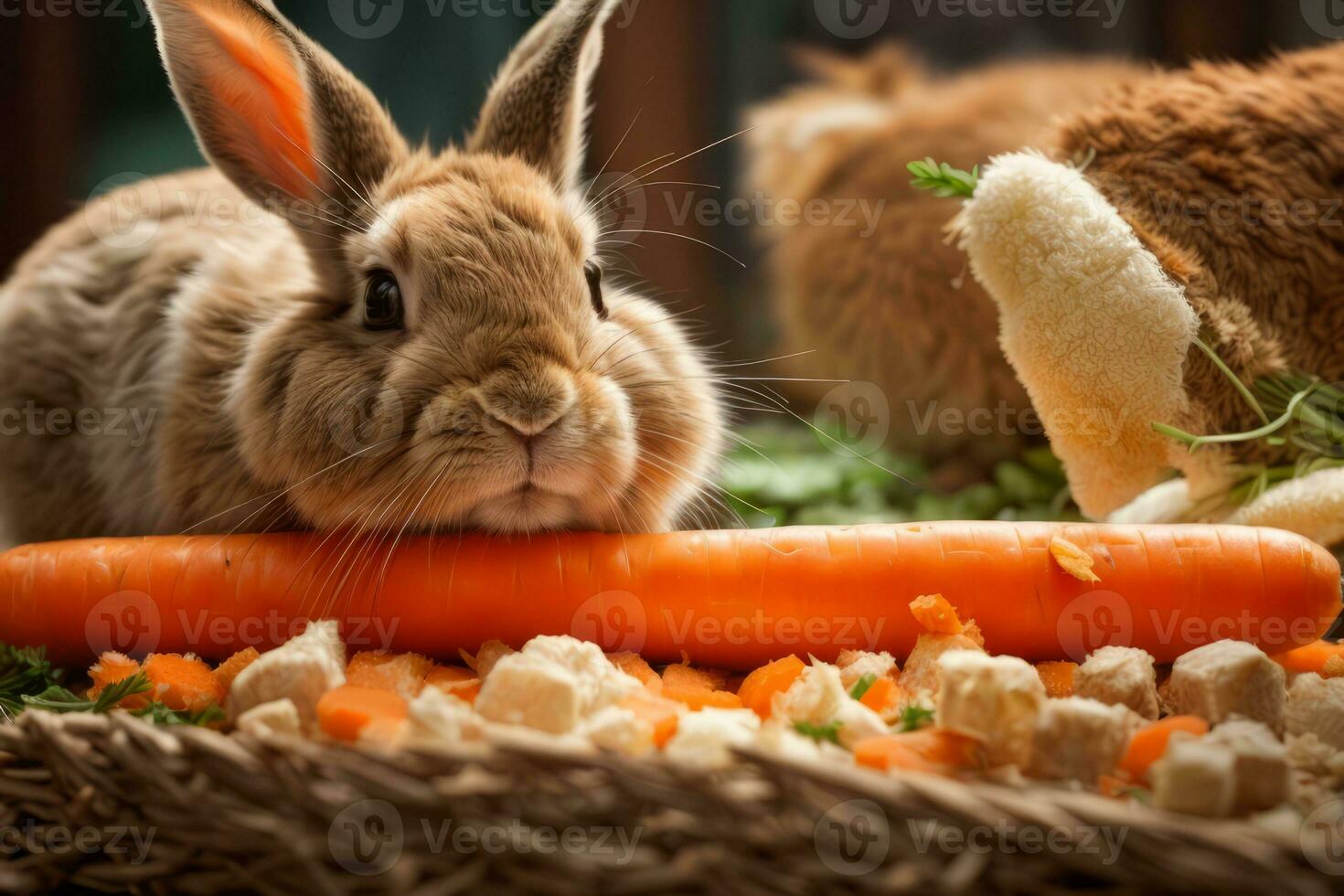 AI generated A cute rabbit surrounded by fresh carrots on a rustic wooden surface Generative by AI photo