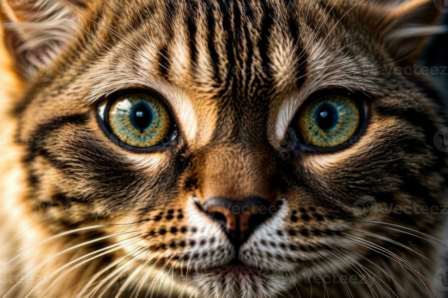 AI generated Cute tabby kitten lying down with warm bokeh lights in the background Generative by AI photo