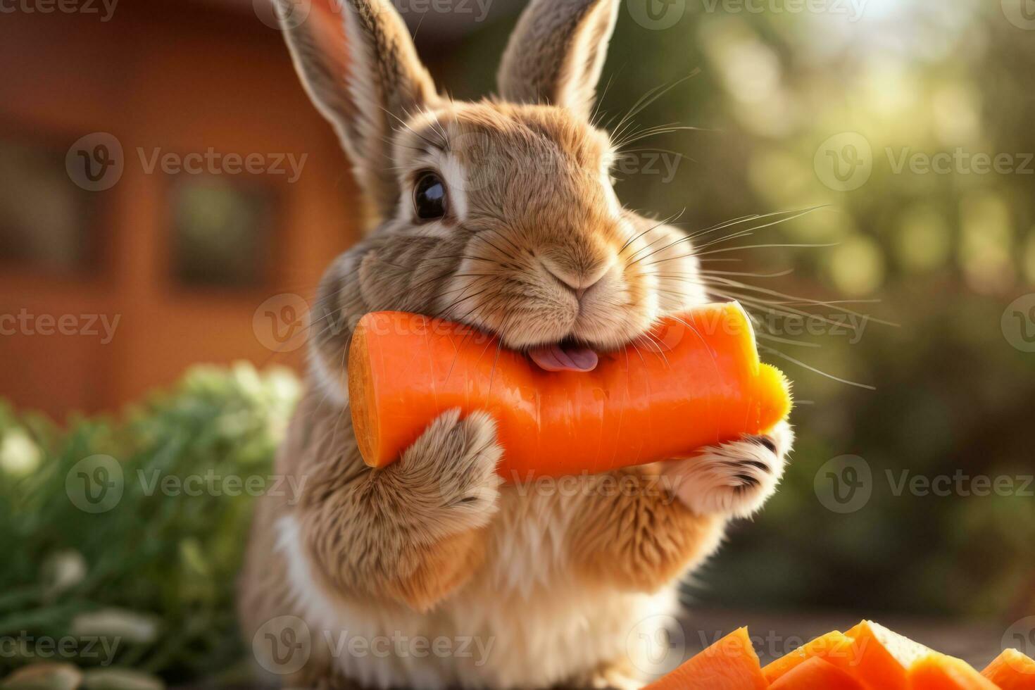AI generated A cute rabbit surrounded by fresh carrots on a rustic wooden surface Generative by AI photo