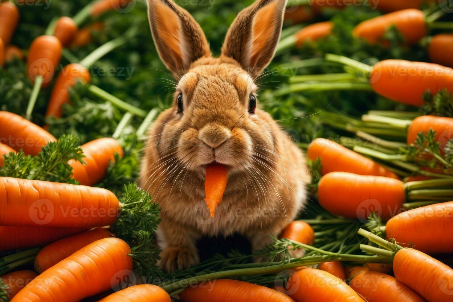 AI generated A cute rabbit surrounded by fresh carrots on a rustic wooden surface Generative by AI photo