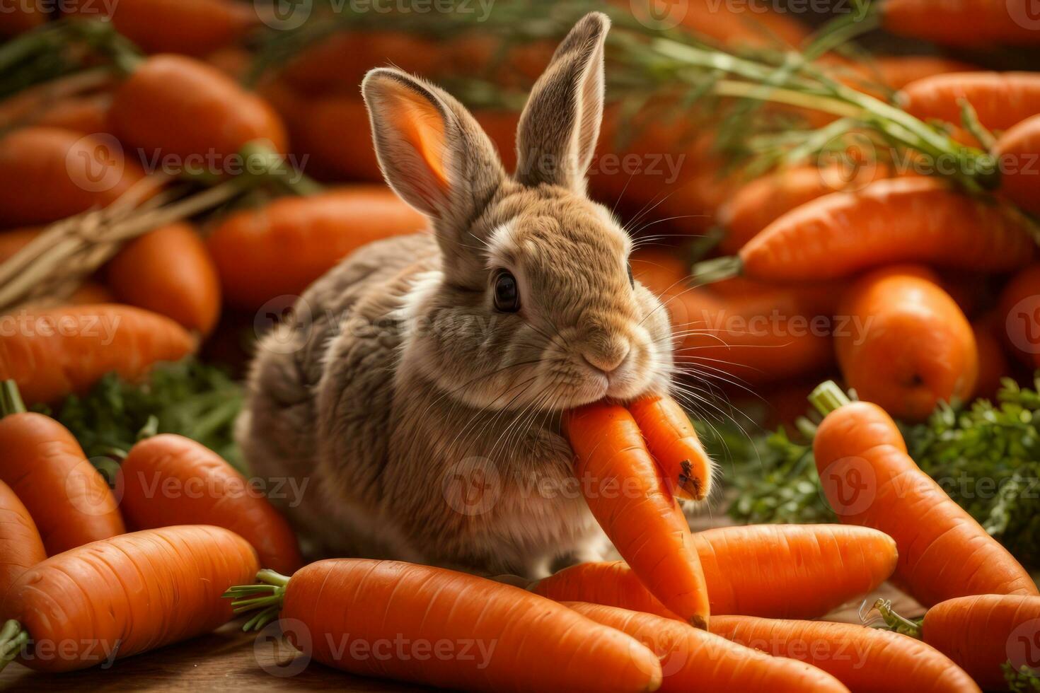 AI generated A cute rabbit surrounded by fresh carrots on a rustic wooden surface Generative by AI photo