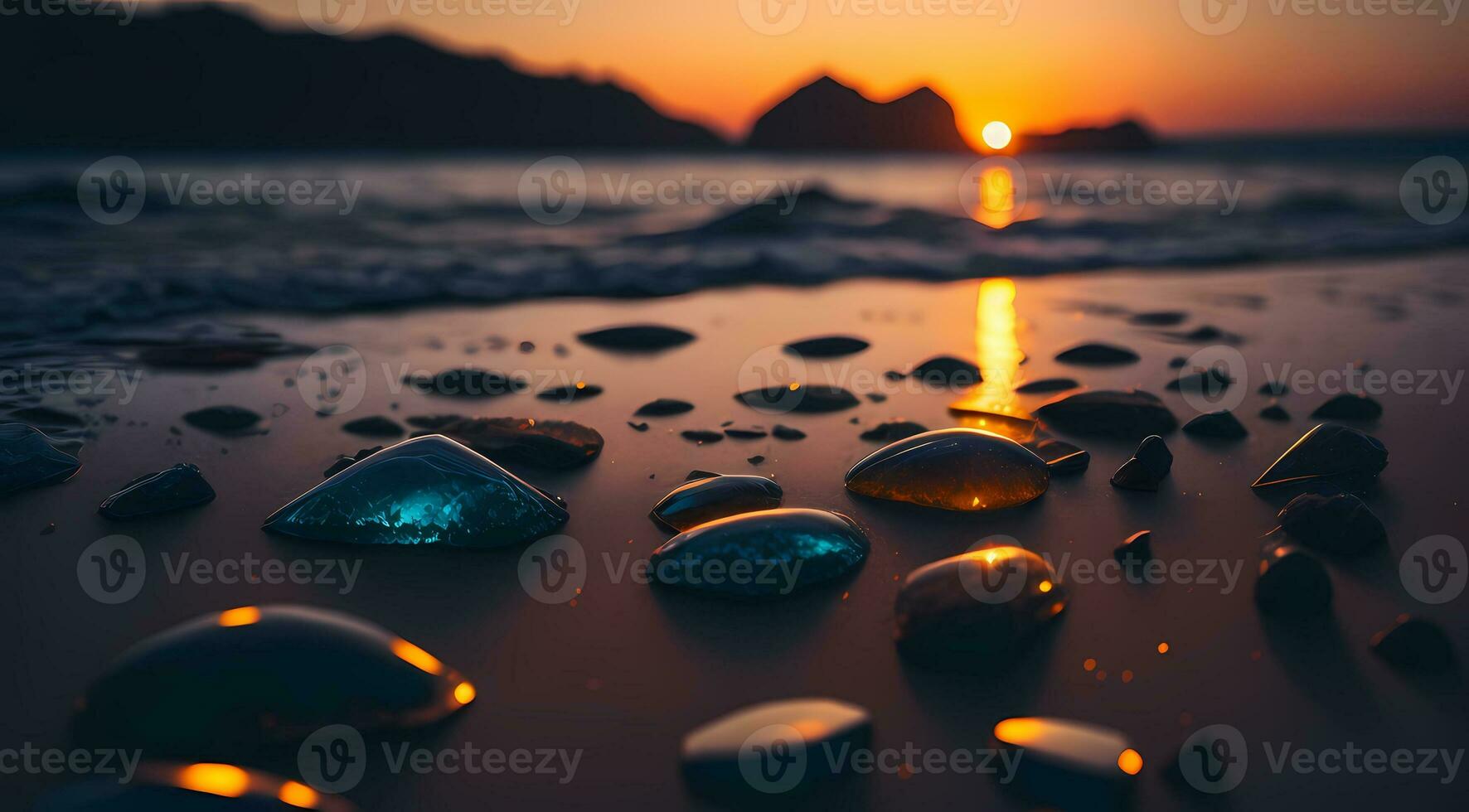AI generated Smooth stones in a line on a beach at sunset with reflections vibrant sky colors Generative by AI photo