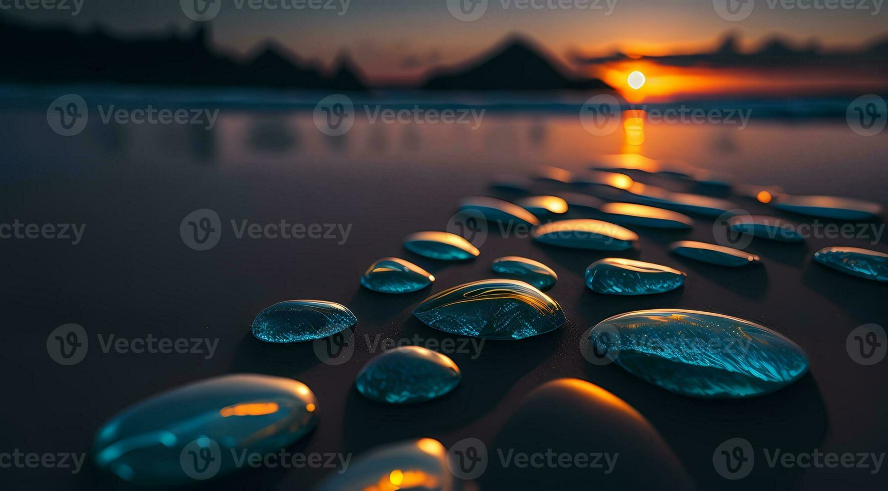 ai generado suave piedras en un línea en un playa a puesta de sol con reflexiones vibrante cielo colores generativo por ai foto