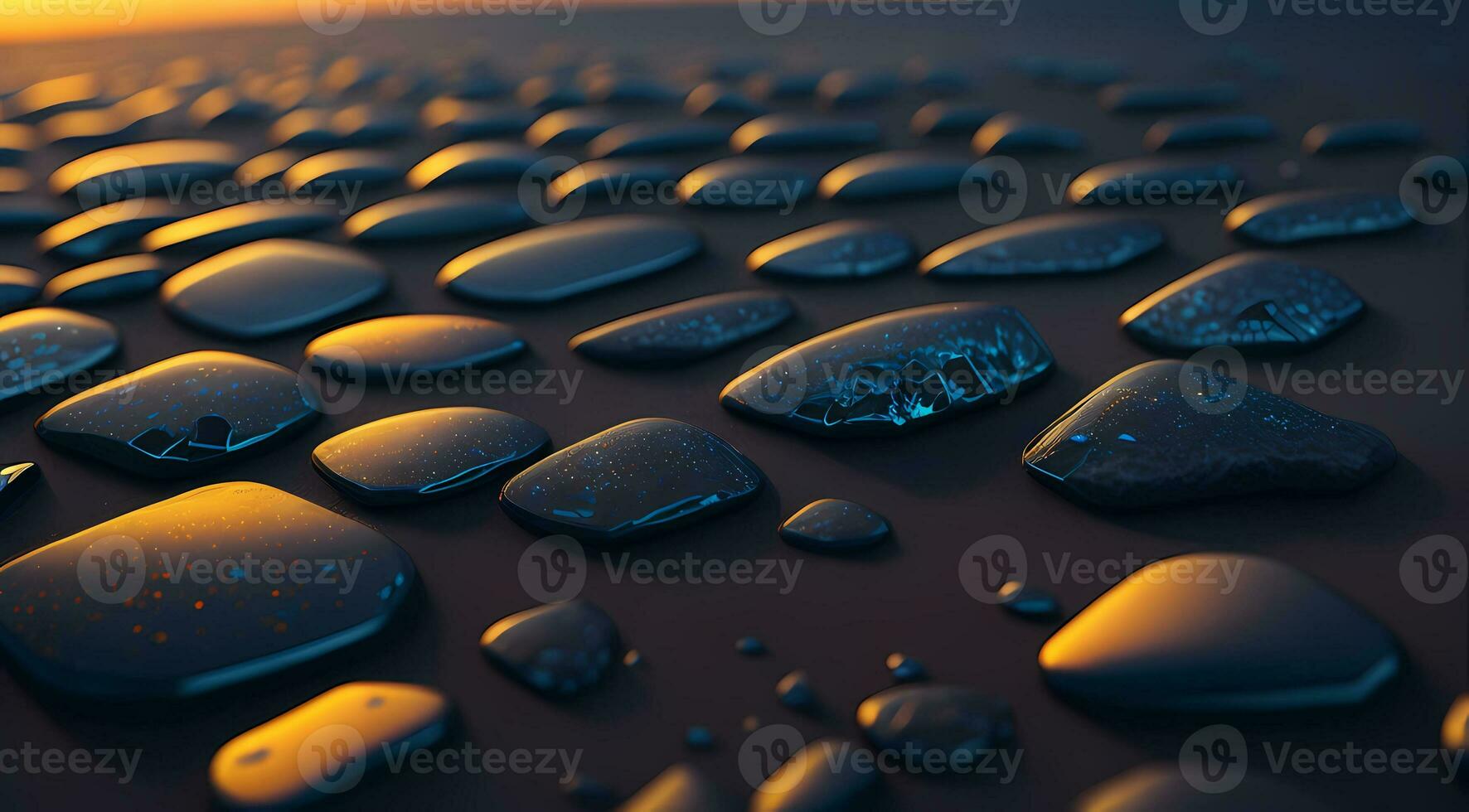 AI generated Smooth stones in a line on a beach at sunset with reflections vibrant sky colors Generative by AI photo