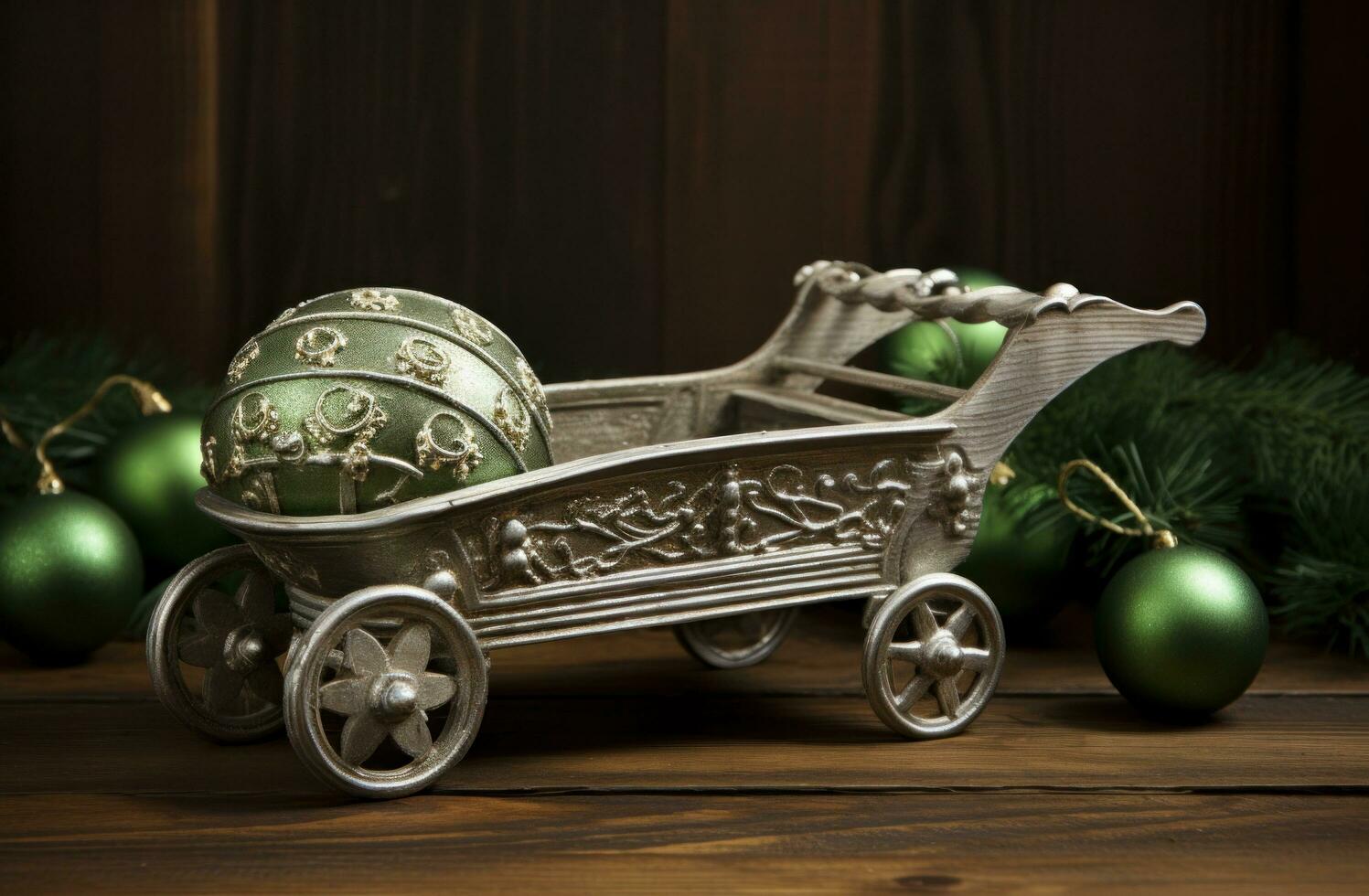 AI generated sleigh with little ball on the wooden background photo