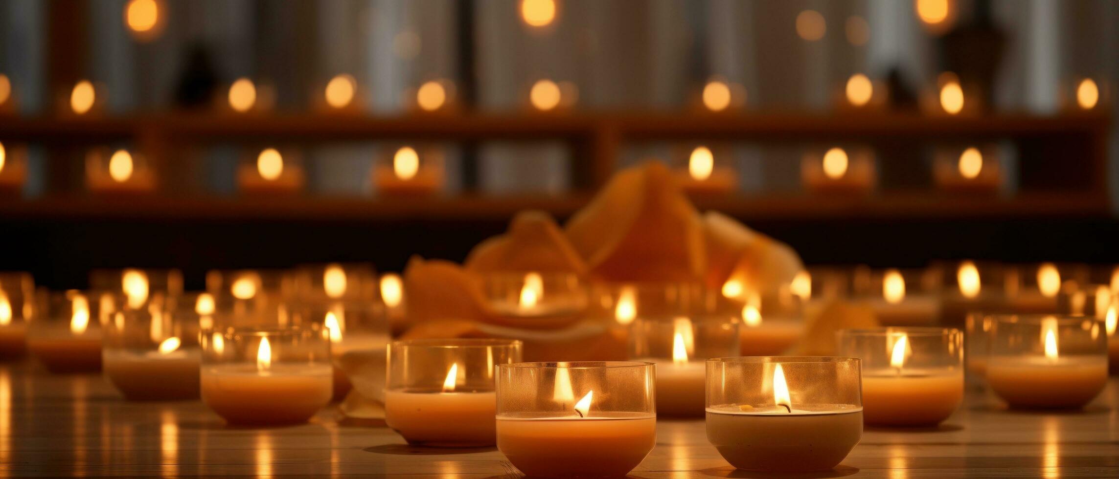 AI generated candlelit candles on wooden table, photo