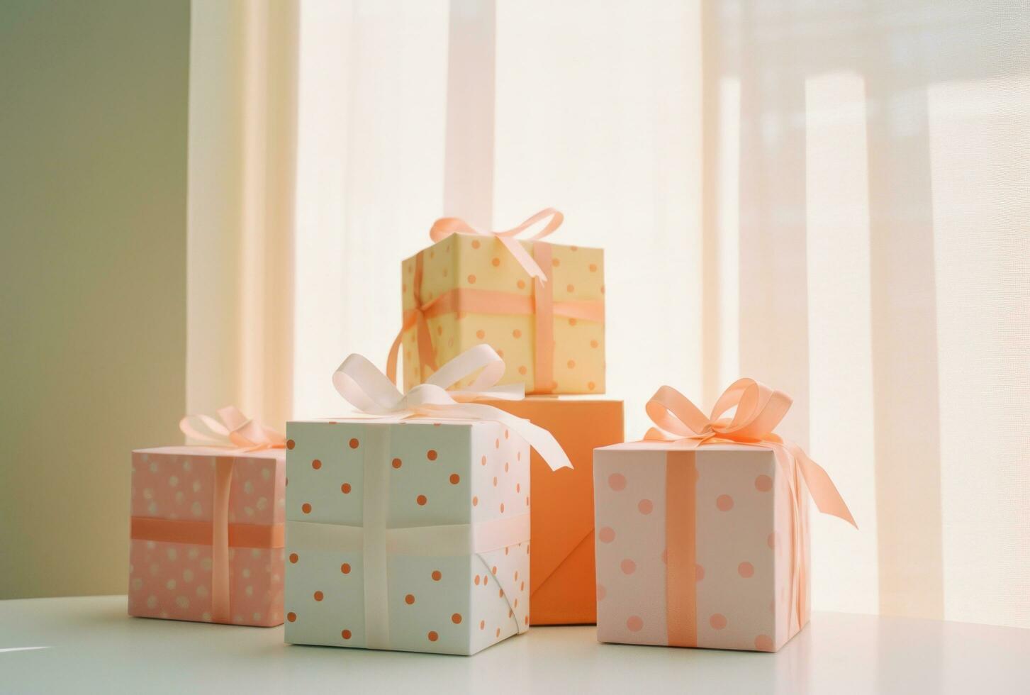 AI generated pink, brown and white polka dot boxes wrapped in papers photo