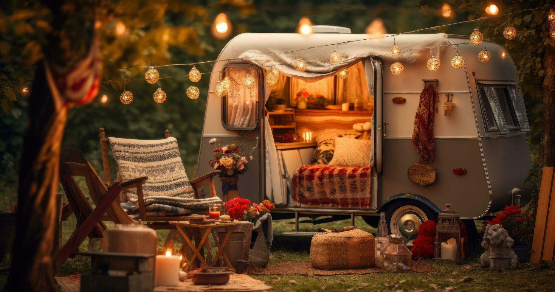 AI generated camper decor ideas for your backyard, rustic camping in the forest photo