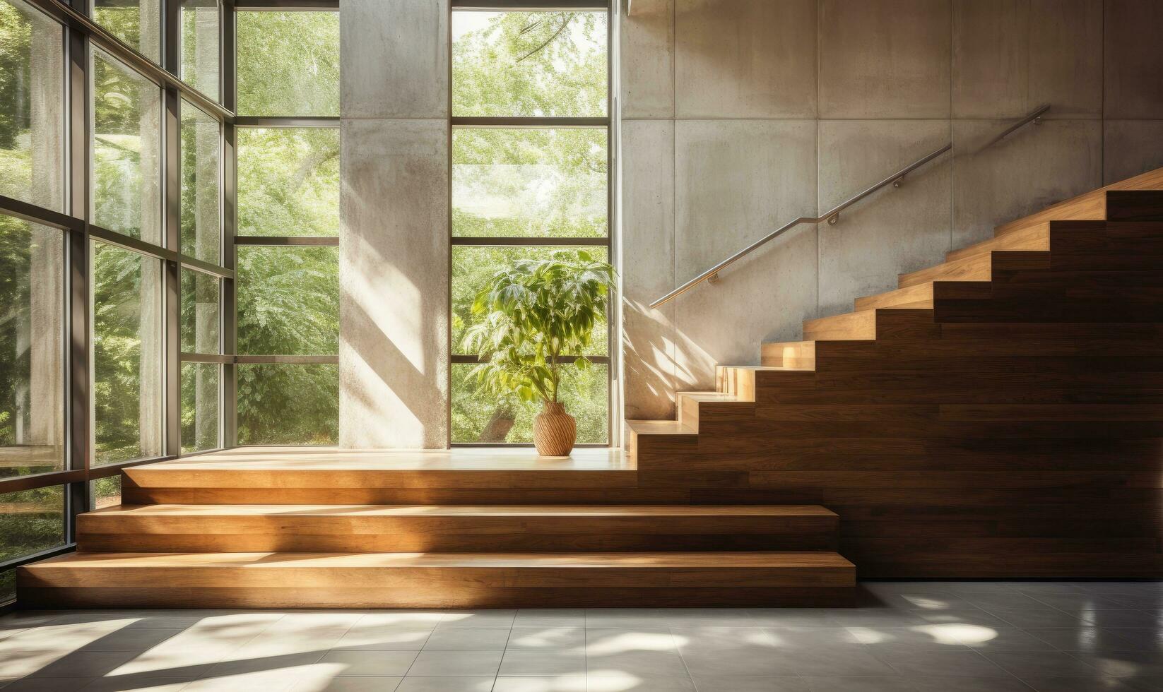 AI generated stairs with natural light coming through windows photo