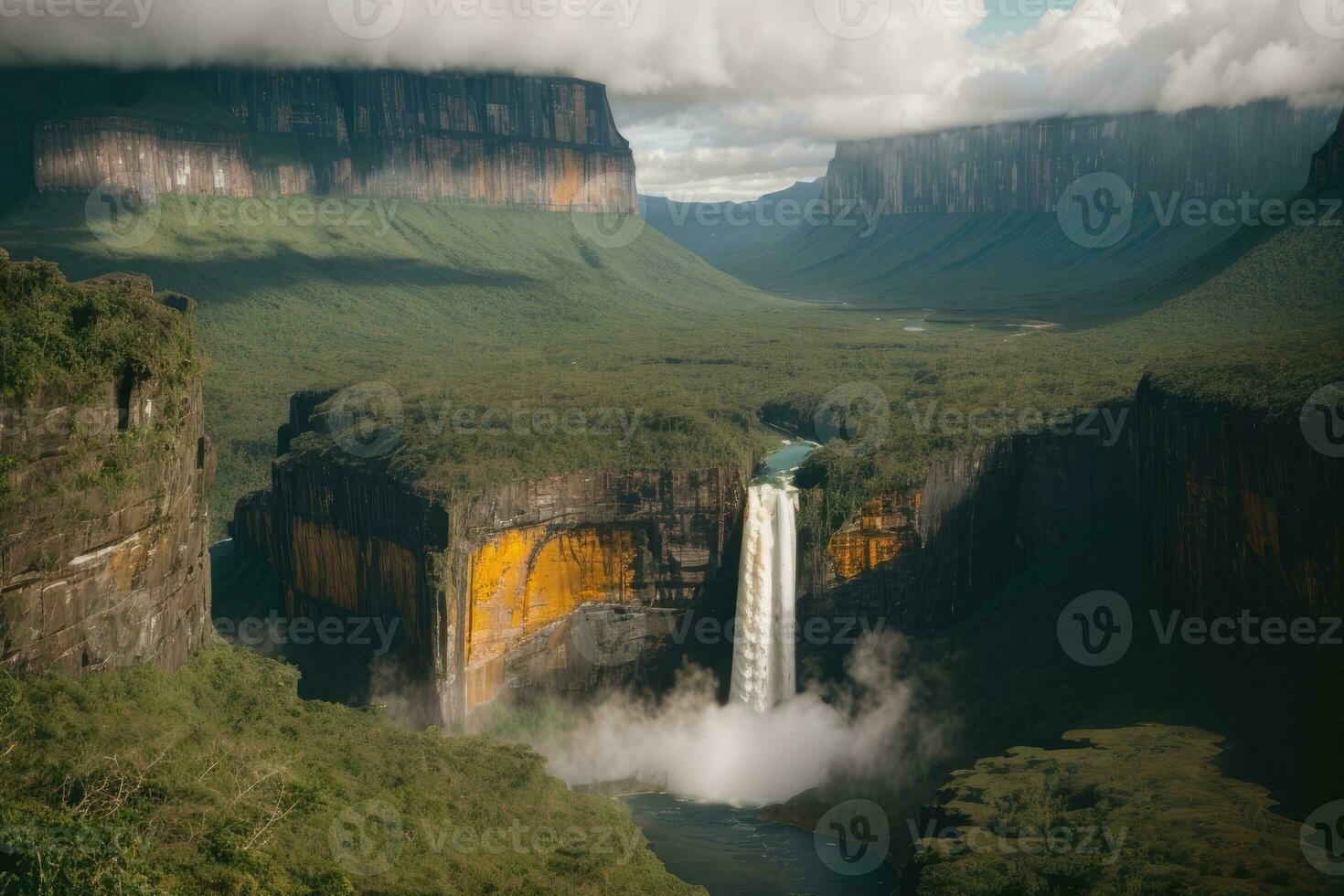 AI generated Majestic waterfalls cascading surrounded by lush cliffs and greenery Generative by AI photo