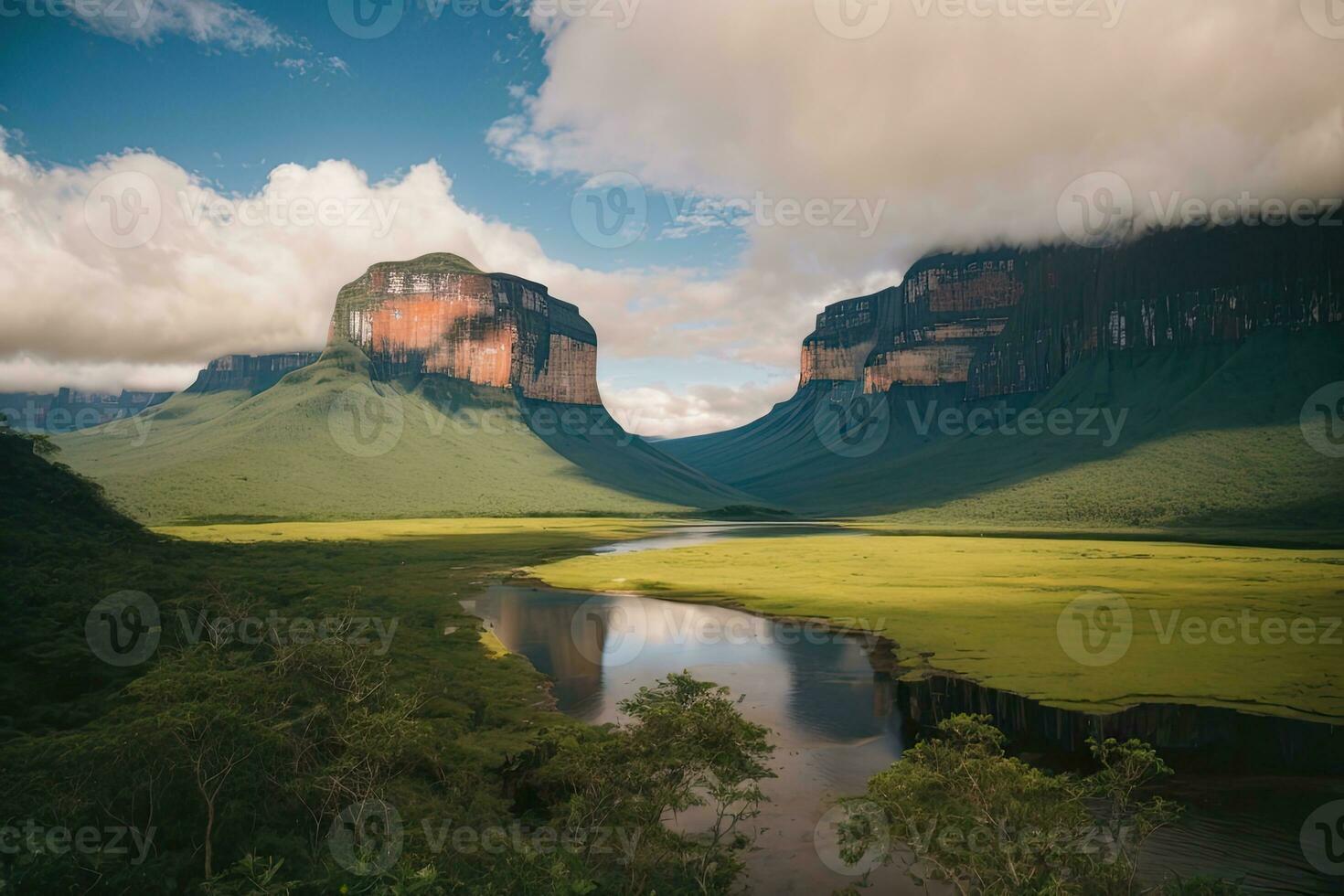 AI generated Majestic waterfalls cascading surrounded by lush cliffs and greenery Generative by AI photo