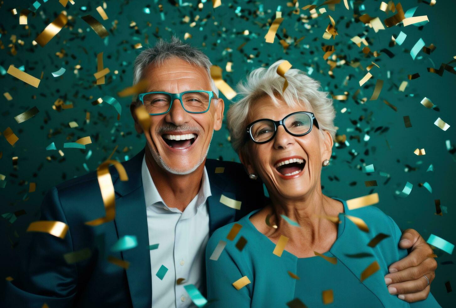 AI generated happy retired couple with confetti happy retirement photo