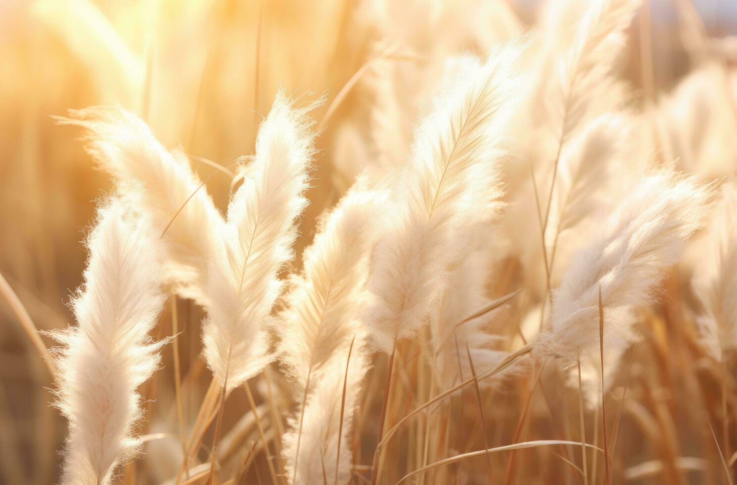 AI generated grass with white blooms is in the evening sunlight photo
