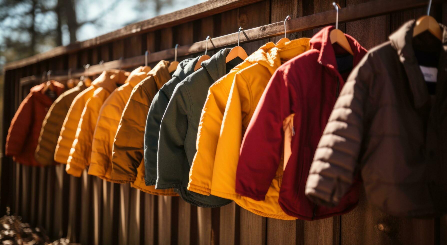 AI generated jackets and coats hanging on a line outdoors photo