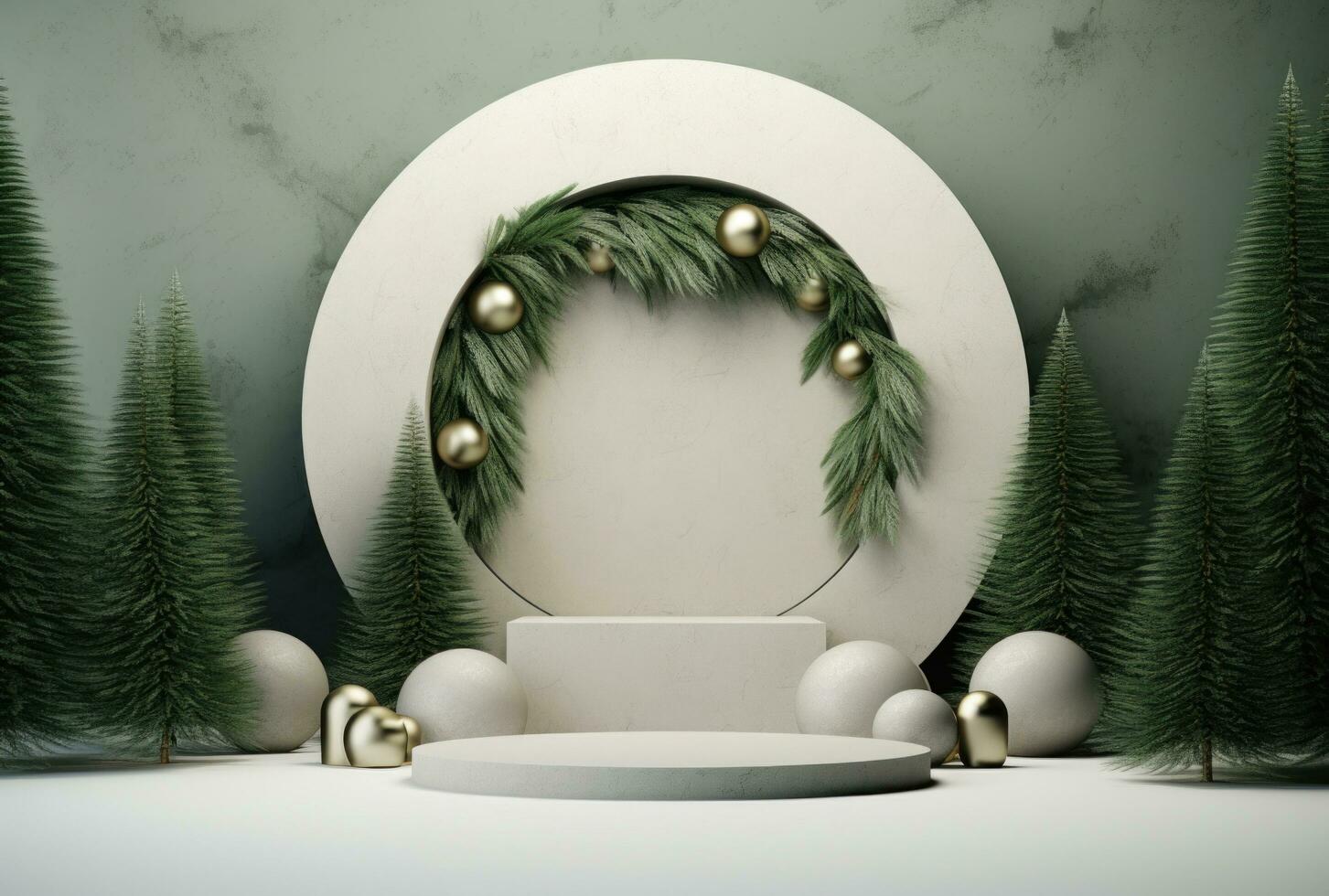 ai generado blanco podio con Navidad arboles y decoraciones en un verde antecedentes foto