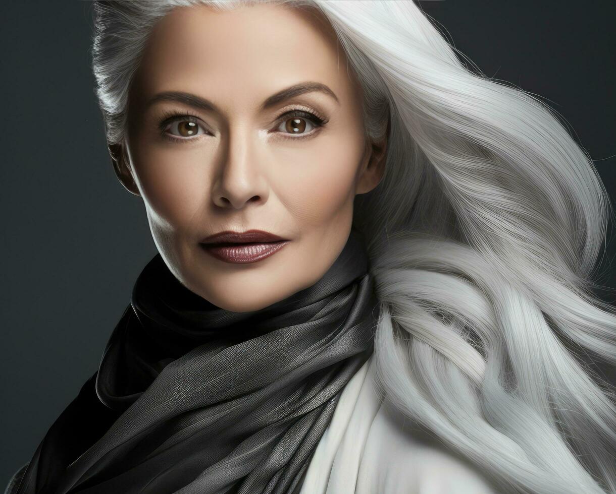 AI generated a beautiful old woman is wearing grey photo