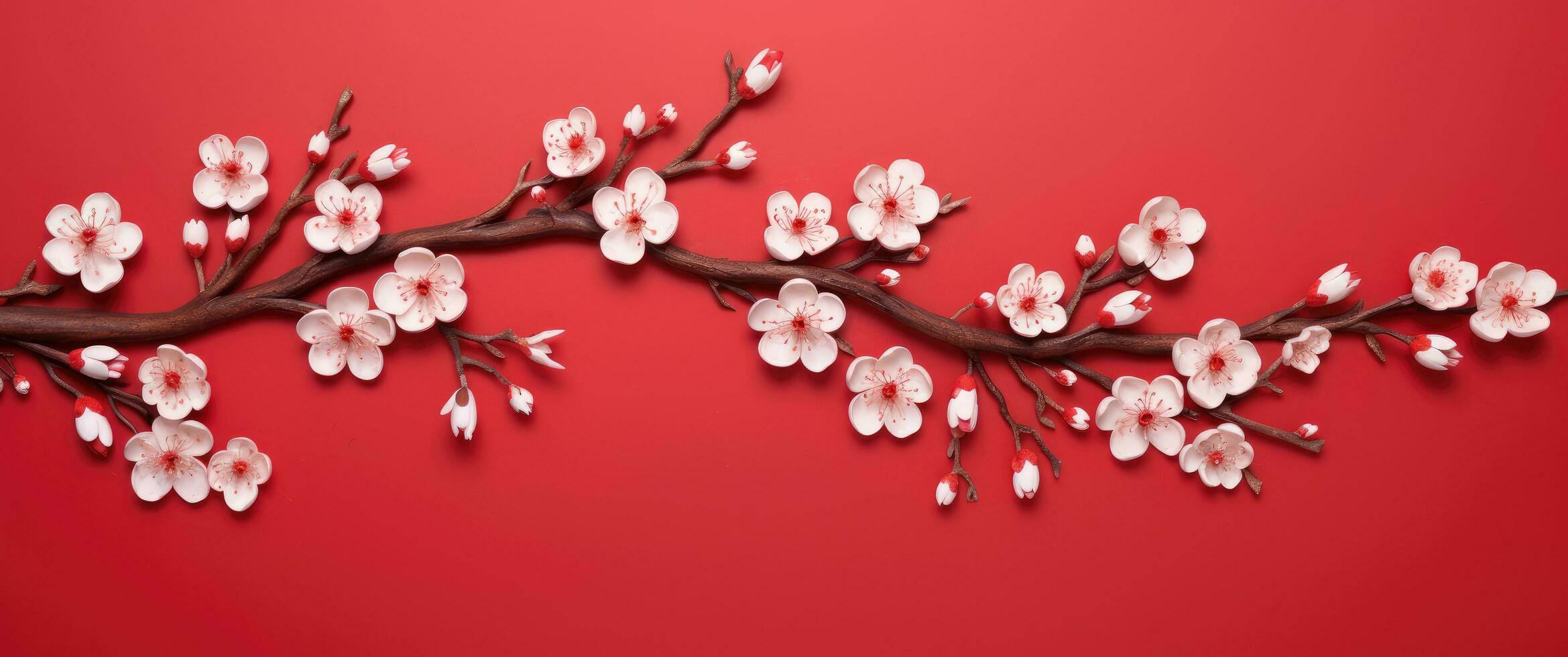 AI generated a branch of cherry blossoms on red background photo