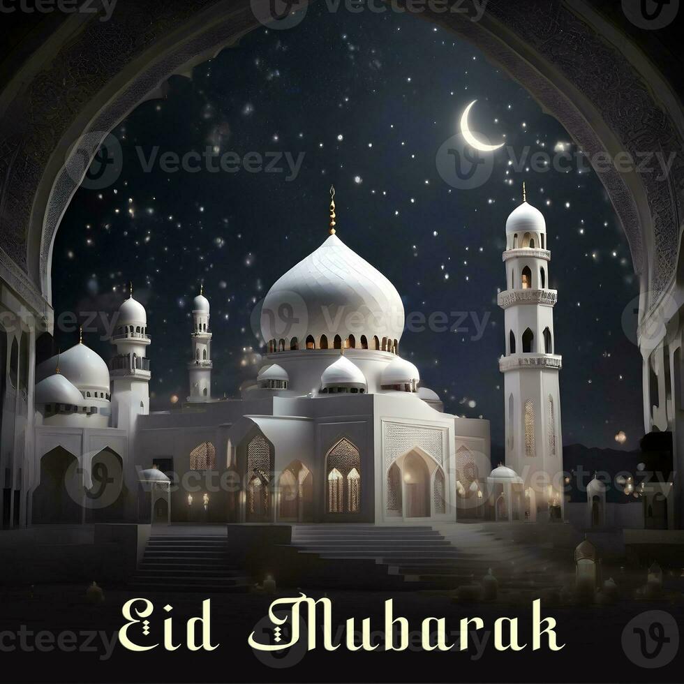 AI generated Eid Mubarak Greetings with mosque background, Eid ul Adha Mubarak, Eid al Adha Mubarak celebration photo