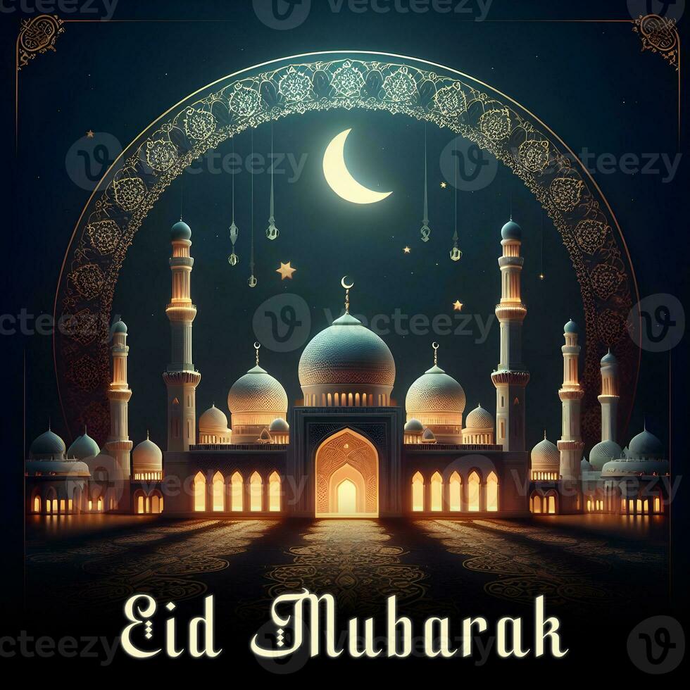 AI generated Eid Mubarak Greetings with mosque background, Eid ul Adha Mubarak, Eid al Adha Mubarak celebration photo