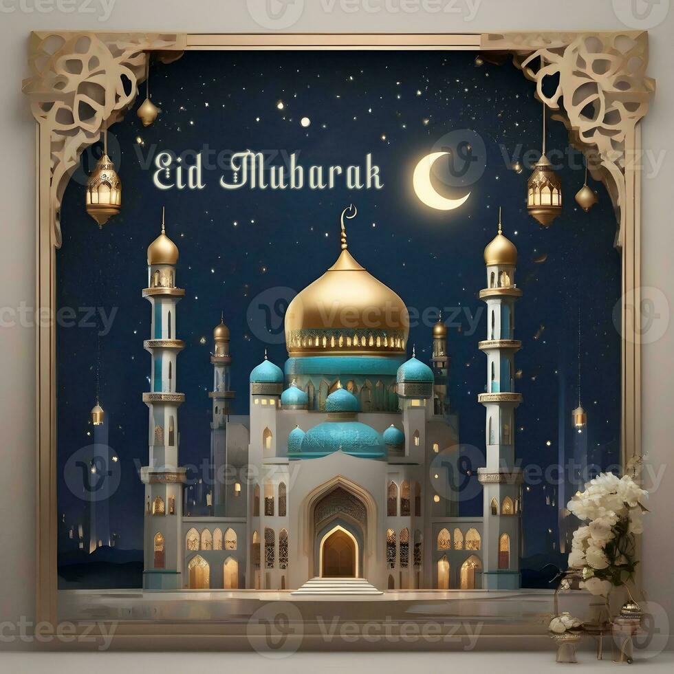 AI generated Eid Mubarak Greetings with mosque background, Eid ul Adha Mubarak, Eid al Adha Mubarak celebration photo