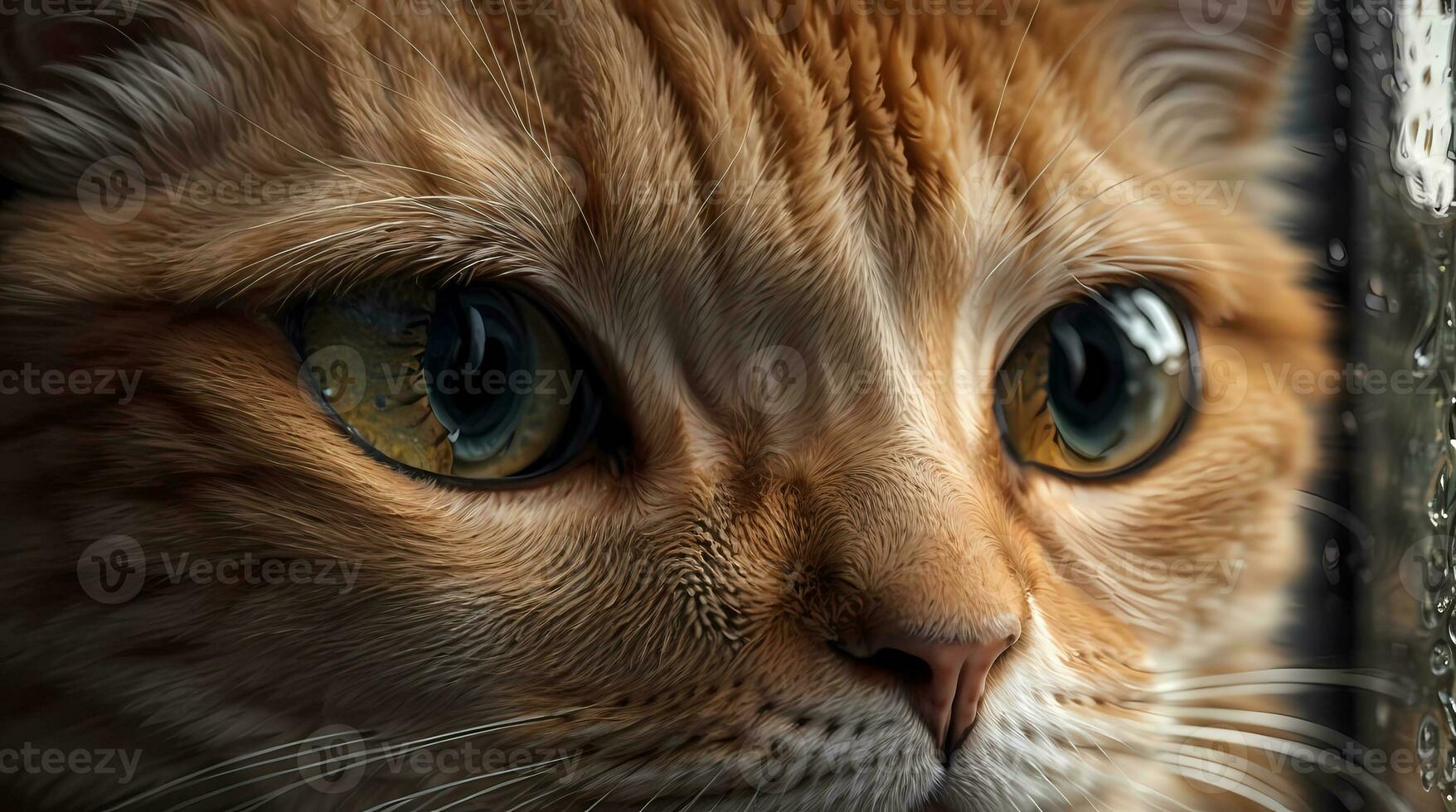 AI generated Ginger cat sitting by a window with raindrops, looking with a thoughtful expression Generative by AI photo