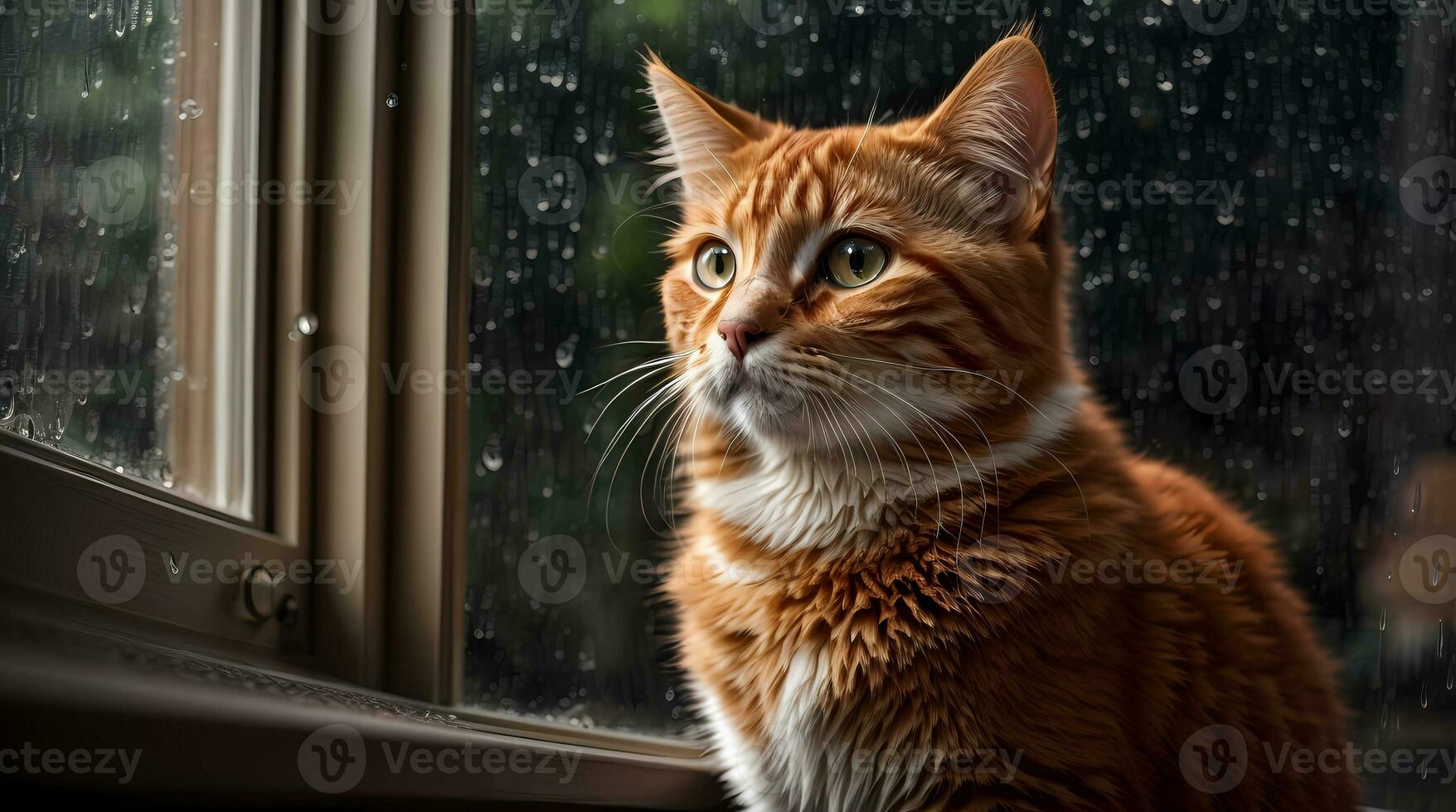 AI generated Ginger cat sitting by a window with raindrops, looking with a thoughtful expression Generative by AI photo