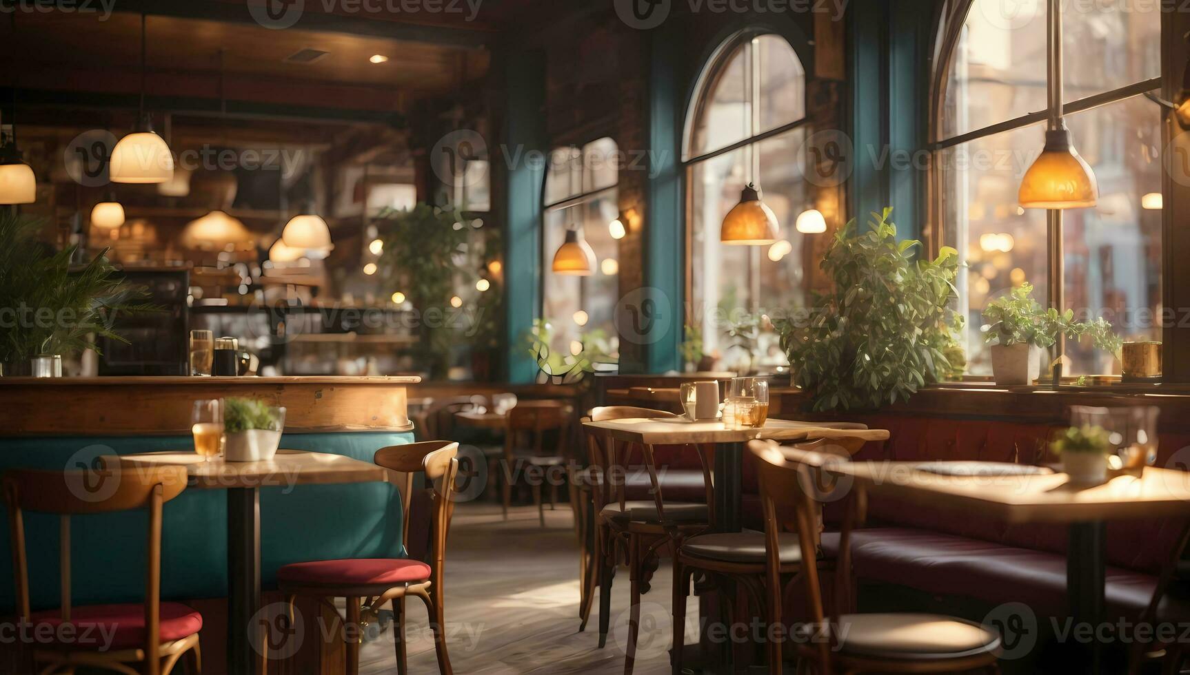 AI generated Cozy restaurant interior with warm lighting, wooden furniture by large windows Generative by AI photo