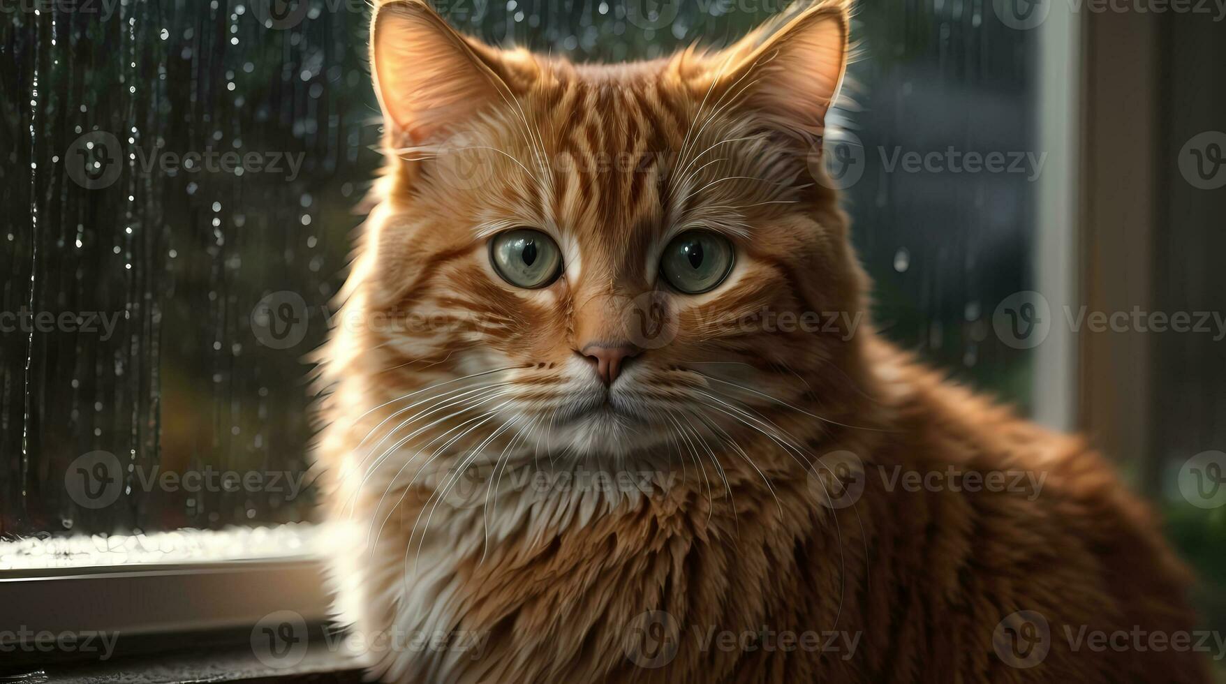 AI generated Ginger cat sitting by a window with raindrops, looking with a thoughtful expression Generative by AI photo