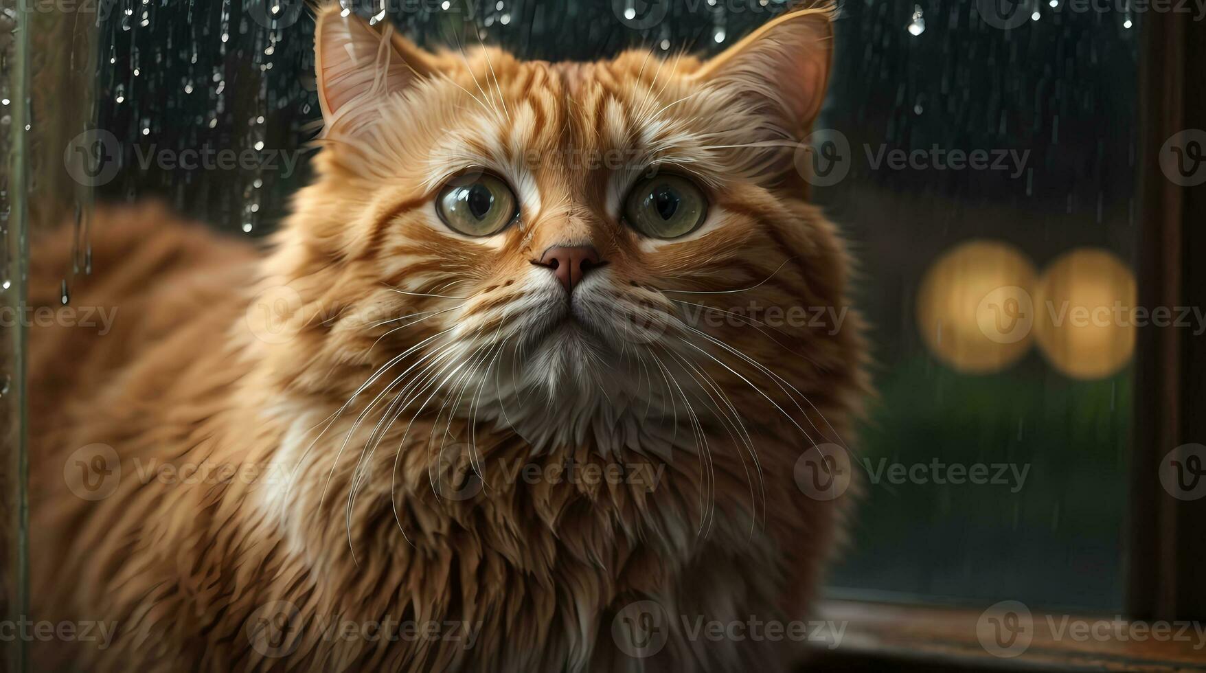 AI generated Ginger cat sitting by a window with raindrops, looking with a thoughtful expression Generative by AI photo